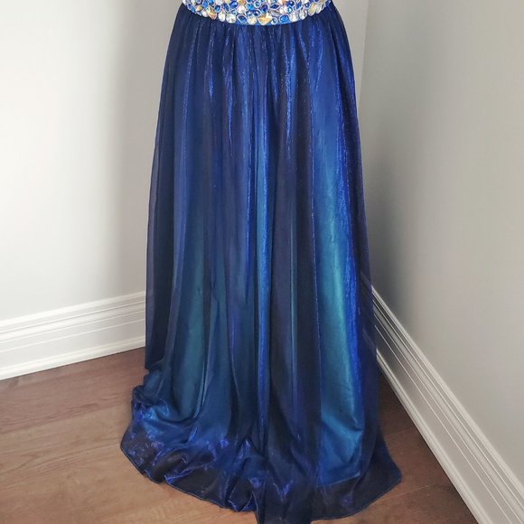 Designer Cobalt Blue Strapless Gown Dress Shimmer Sheer Overlay Faux Stones Cute - Picture 5 of 9